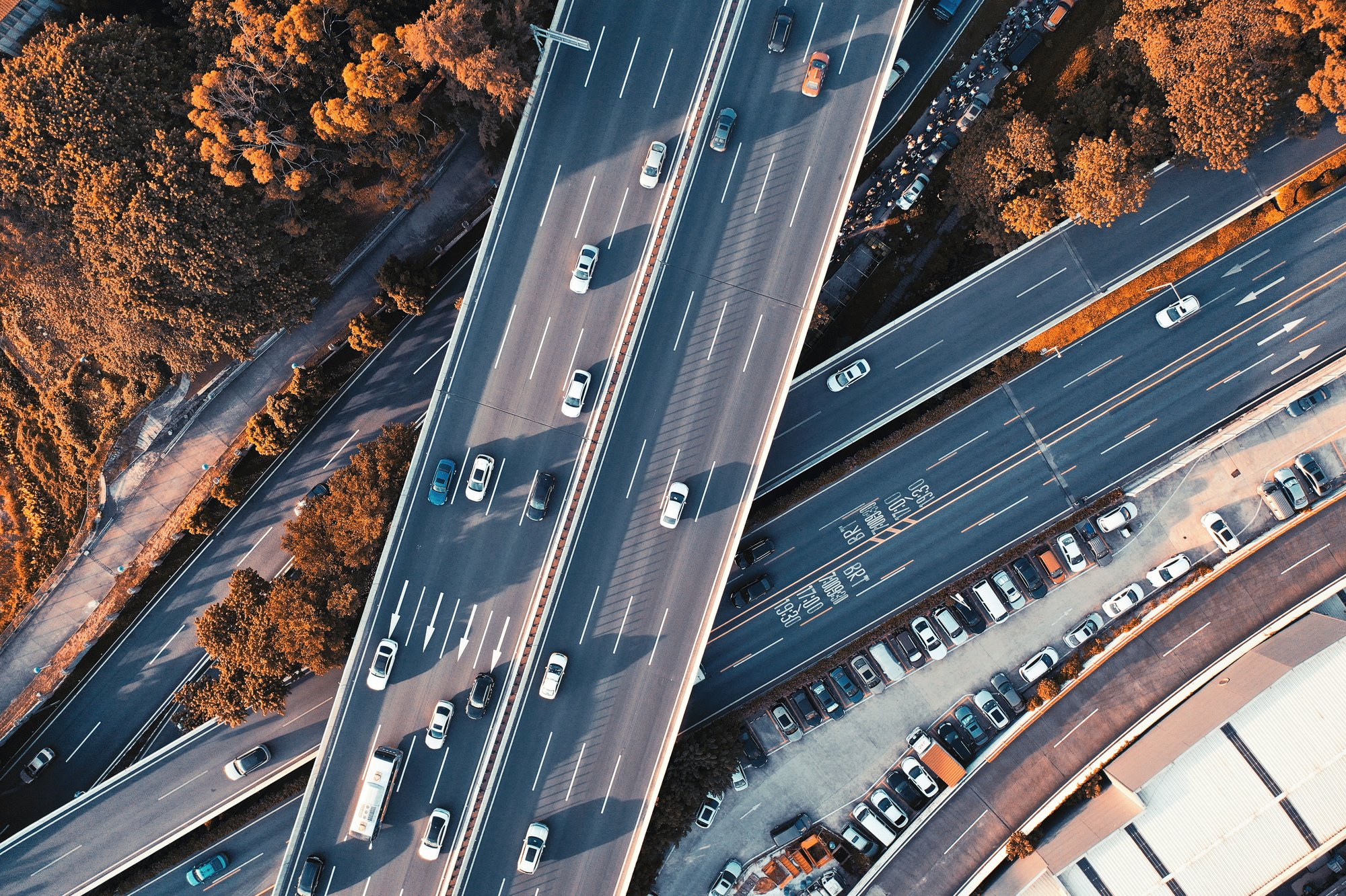 Aerial view of traffic on a motorway interchange